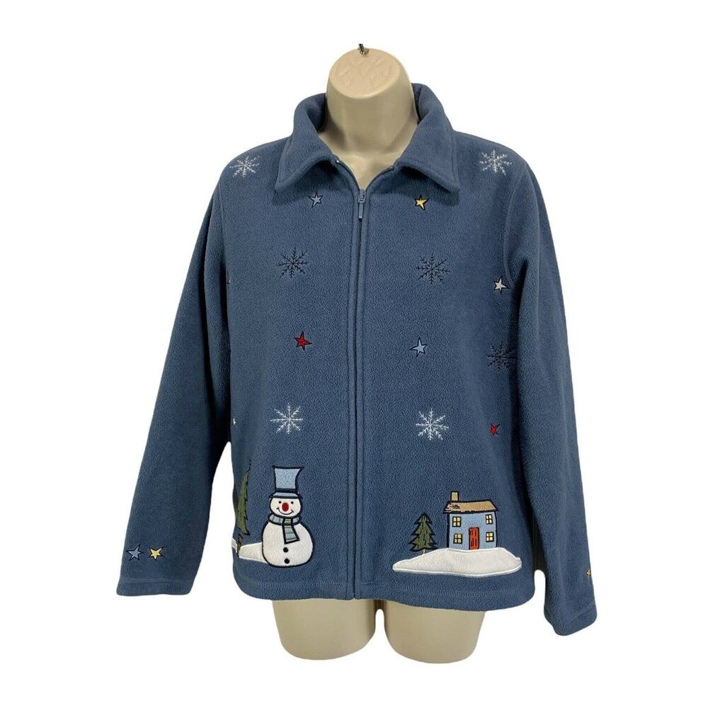 VTG Holiday Lodge Sweater Womens Fleece Full Zip Blue Snowman Size Small